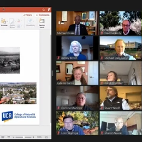 President Drake, top left, listens to Kathryn Uhrich, outlined in yellow, deliver an overview of the College of Natural and Agricultural Sciences.