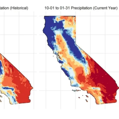 Figure 1. Historical (10-year, left) and current (right) seasonal precipitation between 10/1/2020 and 1/31/2021 for California.