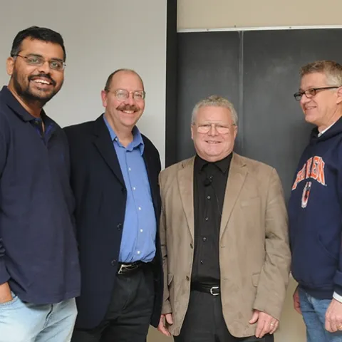 Renowned organic chemist Wittko Francke met with UC Davis researchers following his Dec. 8, 2010 presentation. From left are chemical ecologist Zain Syed of the Walter Leal lab; chemical ecologist and forest entomologist Steve Seybold (1959-2019) of the USDA Forest Service, Pacific Southwest Research Station, and the UC Davis Department of Entomology and Nematology; and UC Davis chemical ecologist Walter Leal. (Photo by Kathy Keatley Garvey)