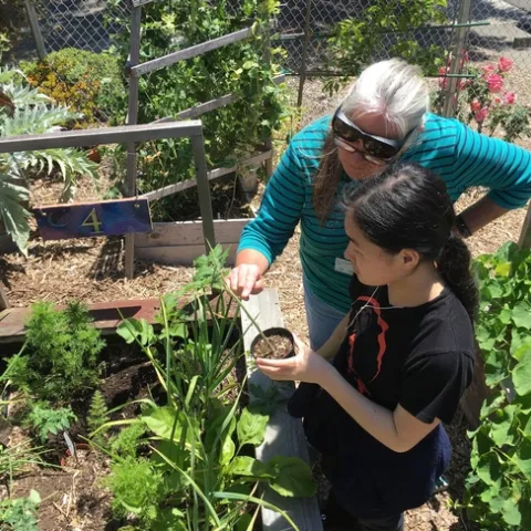 Voluntaria con jovencita mostrandoles como trabajar en un jardín