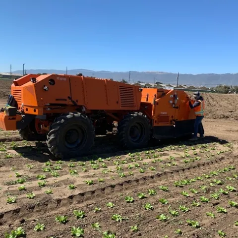 Photo 1. FarmWise Titan autonomous tractor equipped with split knives; it currently does not operate fully autonomously due to Cal OSHA regulations.