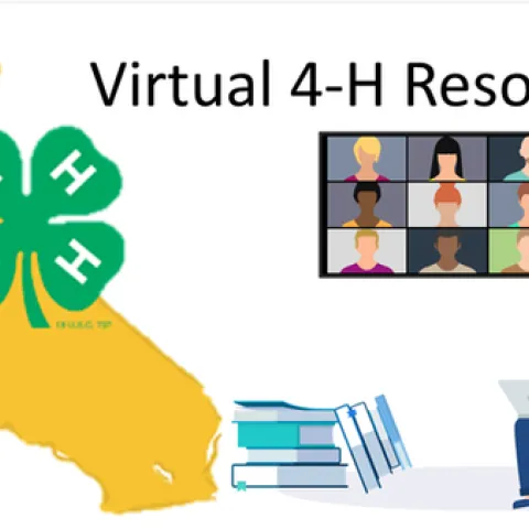 Virtual 4-H Resources. Picture of California map, 4-H clover logo, books, animated Zoom screen image and person wearing headphones sitting in an armchair working on a laptop.