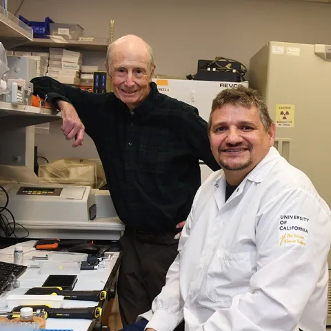 UC Davis distinguished professor Bruce Hammock (left) and researcher Christophe Morisseau of the Hammock lab are part of the "click-chemistry" team that won an international award from the Royal Society of Chemistry. (Photo by Kathy Keatley Garvey)