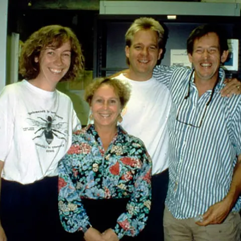 This UC Davis 1993 image shows doctoral students Kelli Hoover (foreground), Bryony Bonning and Bill McCutcheon with their major professor, Sean Duffey, 1943-1997. Duffey, vice chair of the Department of Entomology, died May 21, 1997 of an embolism from undiagnosed lung cancer.