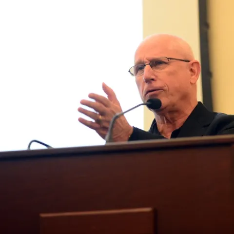 In this 2018 image, Thomas Sparks praises Bruce Hammock at the Hammock lab reunion at UC Davis. (Photo by Kathy Keatley Garvey)