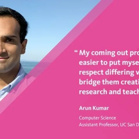 Meme reads: #STEMPride "My coming outprocess made it easier to put myself in others' shoes, respect differing viewpoints, and bridge them creatively in my research and teaching." -- Arun Kumar, Computer Science, Assistant Professor, UC San Diego