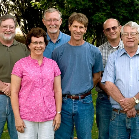 Charlie Summers and his colleagues, self-described "Bug People" at the Kearney Agricultural Research and Extension Center, Parlier, posed for this photo in 2008. In front (from left), are Elizabeth Crafton-Cardwell, Kent Daane, and Summers. In back (from left) are Marshall Johnson, Walter Bentley and Pete Goodell. (Photo courtesy of Marshall Johnson)