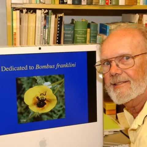 The late Robbin Thorp (1933-2019) annually searched for Franklin's bumble bee but hadn't seen it since 2006. That's his image of the bee on his computer screen. (Photo by Kathy Keatley Garvey)