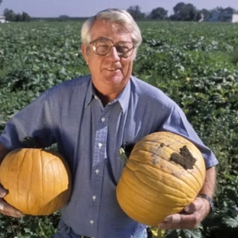 Charlie Summers holds orange pumpkins in each arm while standing in a green field.