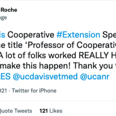 Leslie Roche tweeted: The UC Davis Cooperative Extension specialists can finally use the title 'Professor of Cooperative Extension'! A lot of folks worked REALLY HARD over the years to make this happen! Thank you to all! Emojis of hands clapping and hands raised.