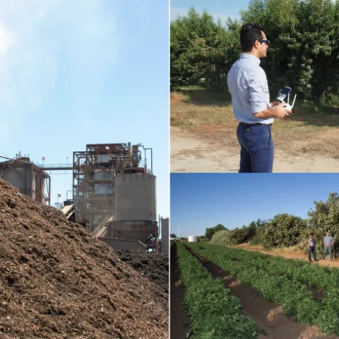 Three images are in a collage: forest biomass plant, Rachael Long talking to a male farmers beside a crop field and Ali Pourezza flying a drone in an orchard.