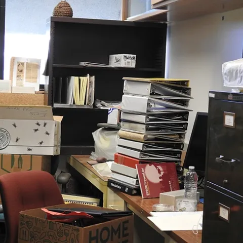 This was part of Extension apiculturist emeritus Eric Mussen's office, ready to be moved. (Photo by Kathy Keatley Garvey)