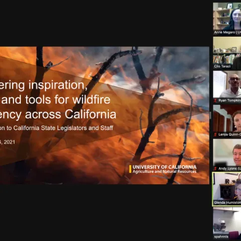 Delivering inspiration, data, and tools for wildfire resiliency across California. Image of flames on a landscape. Om the right is gallery of Zoom participants.
