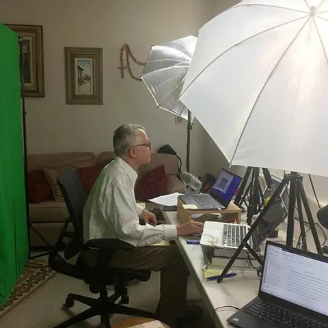UC Davis Distinguished Professor Walter Leal working on a COVID-19 webinar.