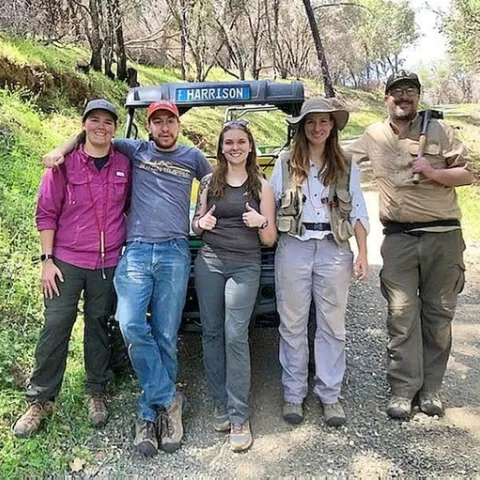 Five members of Jason Bond lab at the UC Quail Ridge Reserve, Napa County. From left are Lacie Newton, Xavier Zahnle, Emma Jochim, Lisa Chamberland, and Jim Starrett. Not pictured are the newest lab members Iris Bright and Megan Ma.