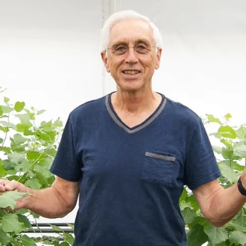 Norm Terry stands between two green plants.
