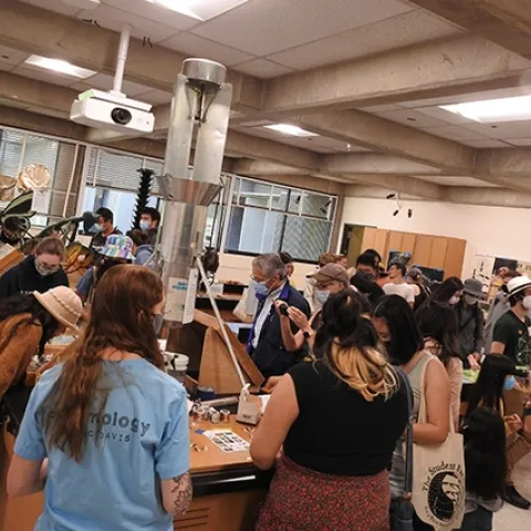 The crowd flows into 122 Briggs Hall in the early morning of April 23, UC Davis Picnic Day. (Photo by Kathy Keatley Garvey)