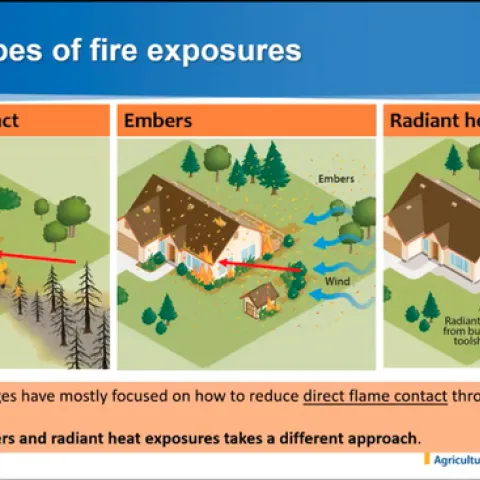 Illustration shows direct flame contact, embers and radiant heat igniting a house. Educational messages have mostly focused on reducing flame contact through defensible space. Preparing for embers and radiant heat exposure takes a different approach.
