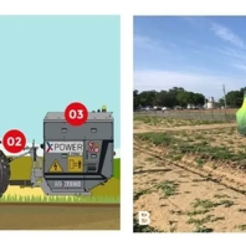 2 images of tractors with equipment attached. Left is a diagram. Right is photo.