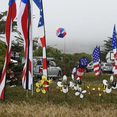 Hurrah for the red, white and blue! And the yellow. Honey bee mobiles were spinning in the wind at a Bodega Bay campsite. (Photo by Kathy Keatley Garvey)