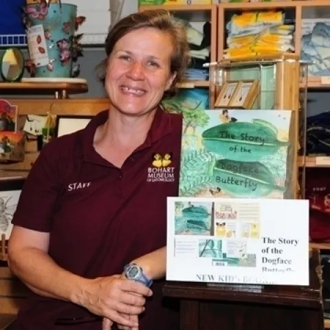 Fran Keller, then a UC Davis doctoral student, with her book, "The Story of the Dogface Butterfly." (Photo by Kathy Keatley Garvey)