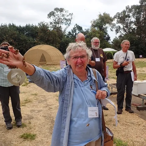 Petaluma beekeeper Ettamarie Peterson holds some newly emerged bees at a Randy Oliver demonstration at the 2007 Western Apicultural Society tour of the Harry H. Laidlaw Jr. Honey Bee Research Facility at UC Davis. (Photo by Kathy Keatley Garvey)