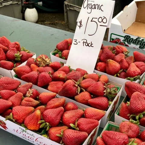 Organic red strawberries in baskets at farmers market