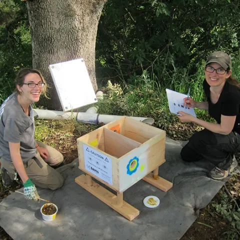 Maj Rundlöf (right), a co-lead author of the research paper, and co-author Rosemary Malfi collect data at a bumble bee colony. (Photo courtesy of the Neal Williams lab)