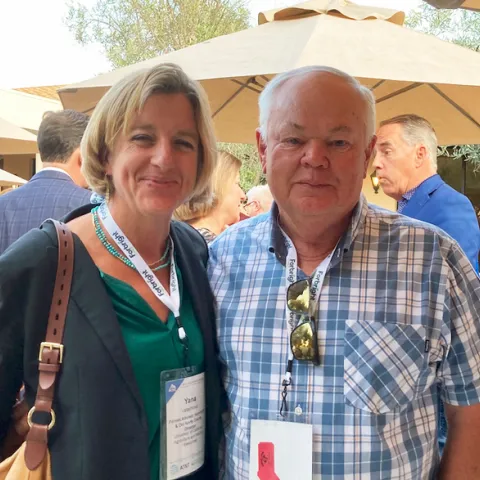 Yana Valachovic and Glenn McGourty, UCCE farm advisor emeritus and current Mendocino County supervisor, greet each other at the Rural County Representatives of California conference.