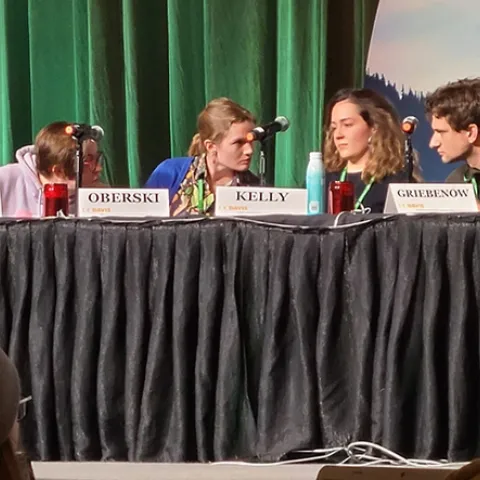 The UC Davis team conferring at the finals of the Entomology Games (from left) Madi Hendrick, Jill Oberski,Taylor Kelly and Zachary Griebeow, captain. The team went on to win the championship. (Photo by Geoffrey Attardo of UC Davis faculty)