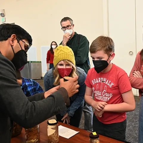 Nematologist Shahid Siddique, assistant professor in the UC Davis Department of Entomology and Nematology faculty, answers questions at the 2021 UC Davis Biodiversity Museum Day. (Photo by Kathy Keatley Garvey)