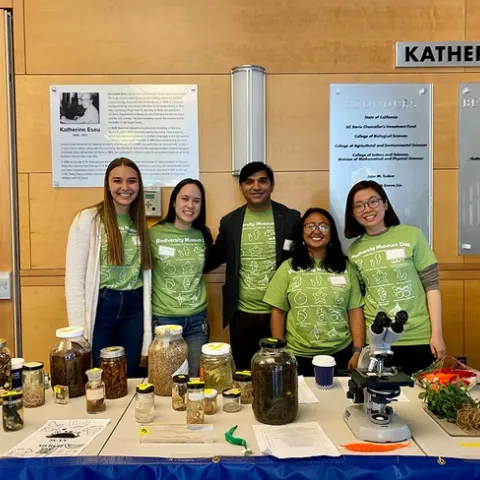 The Shahid Siddique nematology lab was out in force at the 12th annual UC Davis Biodiversity Museum Day. From left are graduate students Alison Coomer, Veronica Casey, Professor Siddique, and graduate students Pallavi Shakya, and Ching-Jung Lin.
