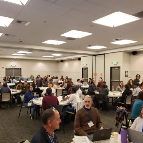 8 to 10 people at each round tables.