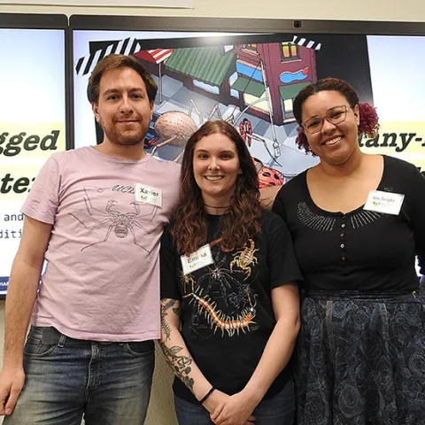 The Jason Bond lab held a mythbuster session at the Bohart Museum of Entomology. From left are doctoral candidates Xavier Zahnle and Emma Jochim who led the discussion, and moderator Iris Quayle, a first-year PhD student. (Photo by Kathy Keatley Garvey)
