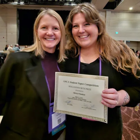 UC Davis postdoctoral scholar Olivia Winokur (right) received the Hollandsworth Prize at the 2023 American Mosquito Control Association conference. With her is her undergraduate research advisor from Cornell, Laura Harrington.