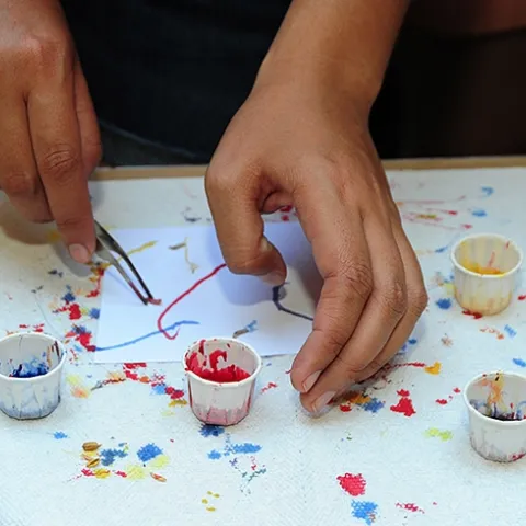 So many colors to choose from! A young artist working on his Maggot Art. (Photo by Kathy Keatley Garvey)