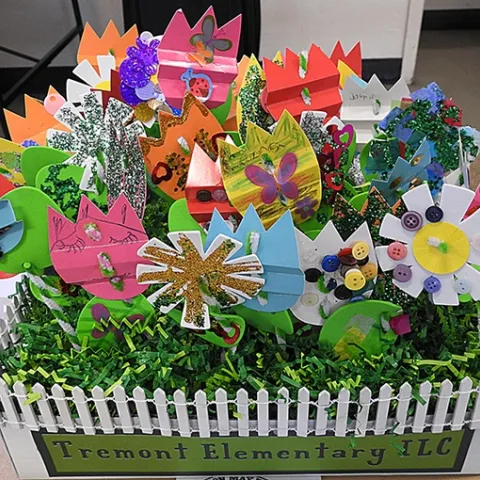 Students at the Tremont Elementary School, Dixon, created this "Spring Has Sprung" basket of flowers and pollinators as their entry in the Dixon May Fair, May 11-14. (Photo by Kathy Keatley Garvey)