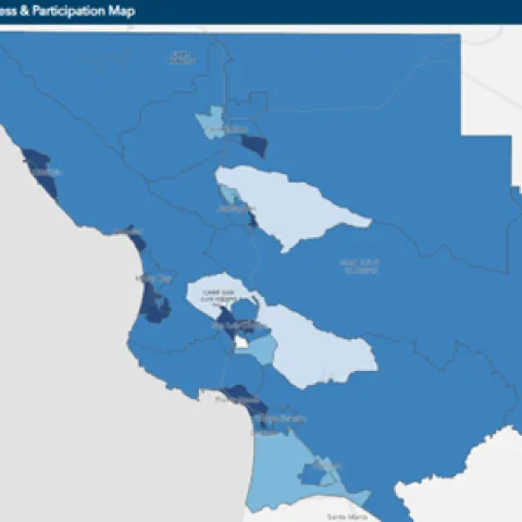 Screenshot of a map of SLO county with dark to light blue census tracts based on income