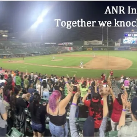 Photo of ANR at the Grizzlies Baseball Game Cheering. Tagline at top says ANR Inclusion: Together we knock it out of the park!