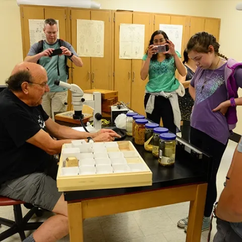 Forensic entomologist Robert Kimsey portrays "Dr. Death" in a Briggs Hall booth during the annual UC Davis Picnic Day. (Photo by Kathy Keatley Garvey)
