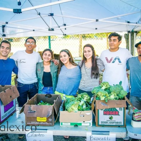 Seven young adults pose for a photo while standing behind fresh produce of broccoli.