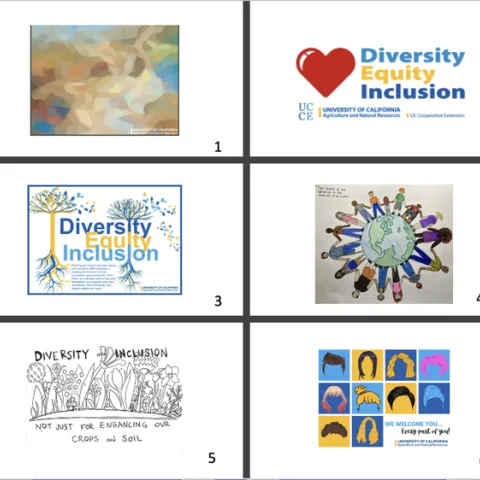 6 postcard designs.
Picture 1: Muted colors of browns and blues. Picture 2: Heart with the words “Diversity, Equity & Inclusion.” Picture 3: Two trees in yellows and blues with roots intertwined with the words “Diversity, Equity, Inclusion.” Picture 4: Earth with many people holding hands. Picture 5: Ink drawing of crops with the words Diversity & Inclusion not just for enhancing our crops & soil. Picture 6: A variety of hairstyles with vibrant blues, yellows, pink, brown and black