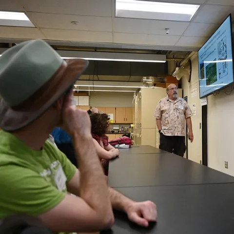 UC Davis forensic entomologist Bob Kimsey tracing the history of forensic entomology. (Photo by Kathy Keatley Garvey)