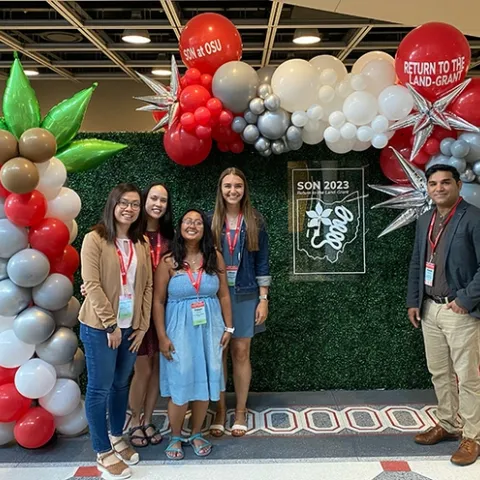 The Shahid Siddique lab was well-represented at the international Society of Nematologists' 62nd annual meeting, held in Columbus, Ohio. Pictured with Siddique are doctoral students in his lab. From left are Ching-Jung Lin, Veronica Casey, Pallavi Shakya and Alison Coomer Blundell, all award winners.