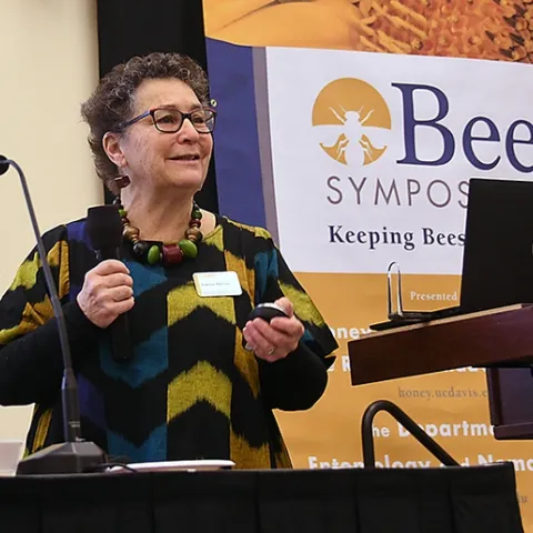 Amina Harris, as director of the UC Davis Honey and Pollination Center, speaking at the 2018 UC Davis Bee Symposium that she organized. (Photo by Kathy Keatley Garvey)