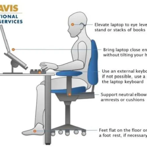 UC Davis Occupational Health Services. Elevate laptop to eye level with a stand or stacks of books. Bring laptop close enough to see without tilting your head forward. Use an external keyboard & mouse; if not possible, use a stand to angle the laptop keyboard. Support neutral elbow postuer with armrests or cushions.