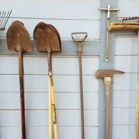 Garden tools carefully stored, J. Alosi