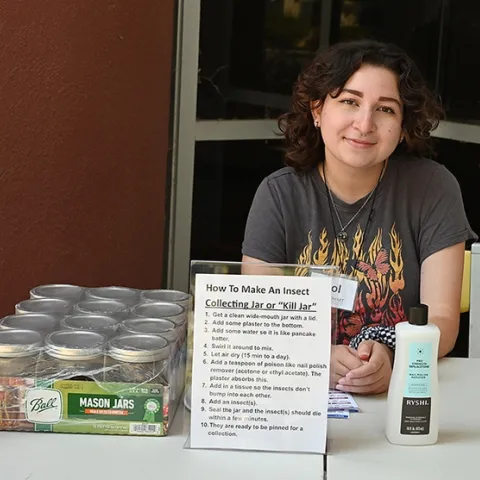 UC Davis entomology senior Sol Wantz, president of the Entomology Club, showed open house visitors how to make an insect collecting jar or "kill" jar. (Photo by Kathy Keatley Garvey)