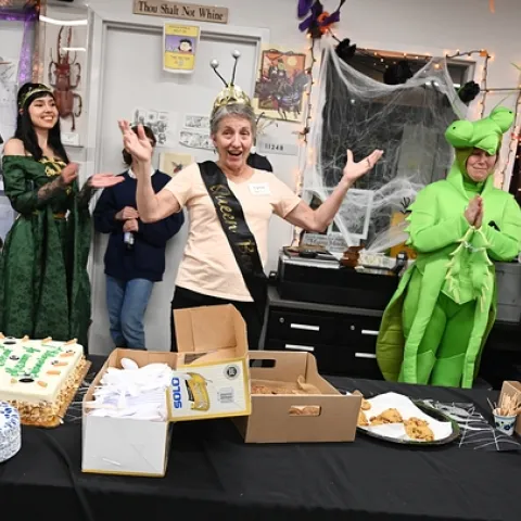 Lynn Kimsey (center) director of the Bohart Museum of Entomology, welcomes the crowd. In back are post-doctoral researcher Severyn Korneyev, and his wife, artist Kristina Kernytska; Tabatha Yang, Bohart education and outreach coordinator; and Jason Bond, professor and Schlinger chair in Insect Systematics and associate dean, College of Agricultural and Environmental Sciences. (Photo by Kathy Keatley Garvey)