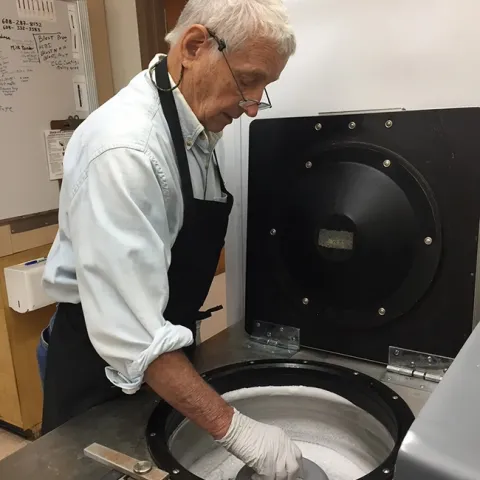 The late emeritus professor Thomas German of the University of Wisconsin at a centrifuge. German, second author of the paper, died Aug. 27, 2023 before the publication in PNAS.